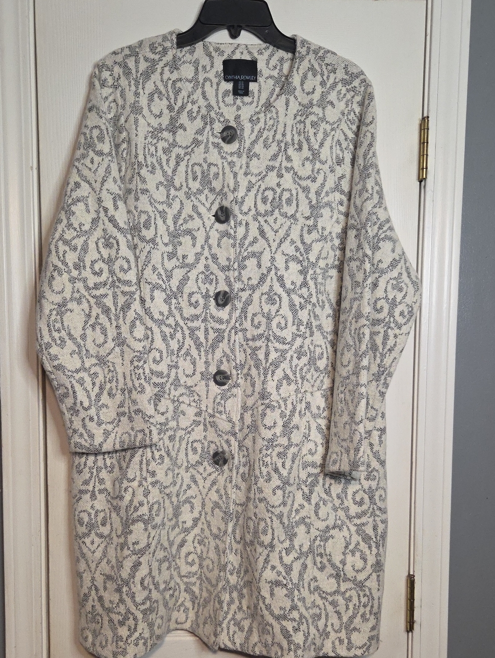 Cynthia Rowley Cream & Gray Patterned Button-Front Trench Coat Wool Blend